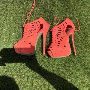 Coral peep toe pumps